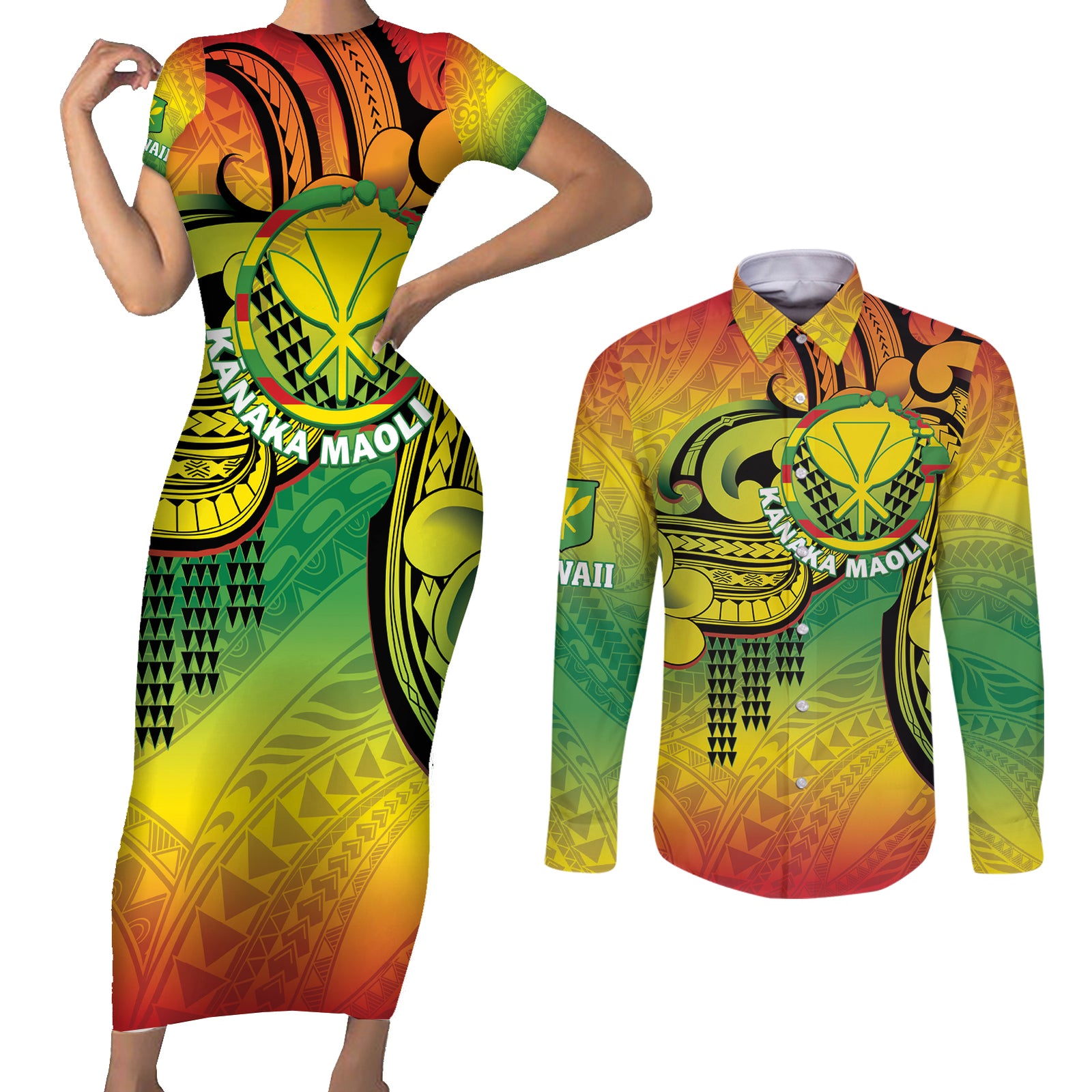 Hawaii Flag Day Couples Matching Short Sleeve Bodycon Dress and Long Sleeve Button Shirt Kanaka Maoli With Kakau Polynesian Pattern LT14