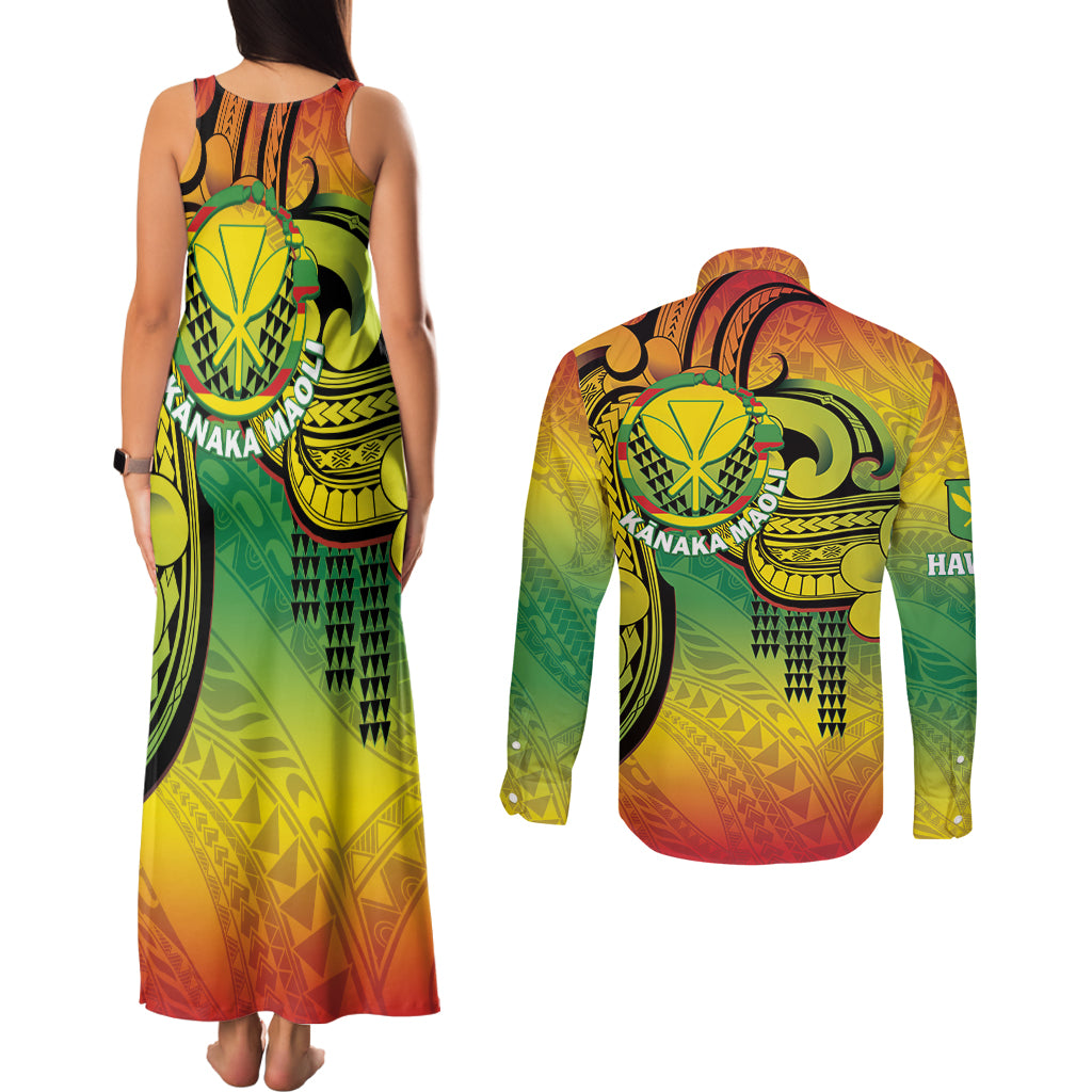 Hawaii Flag Day Couples Matching Tank Maxi Dress and Long Sleeve Button Shirt Kanaka Maoli With Kakau Polynesian Pattern LT14