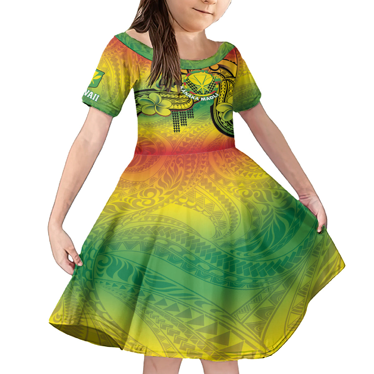 Hawaii Flag Day Kid Short Sleeve Dress Kanaka Maoli With Kakau Polynesian Pattern LT14