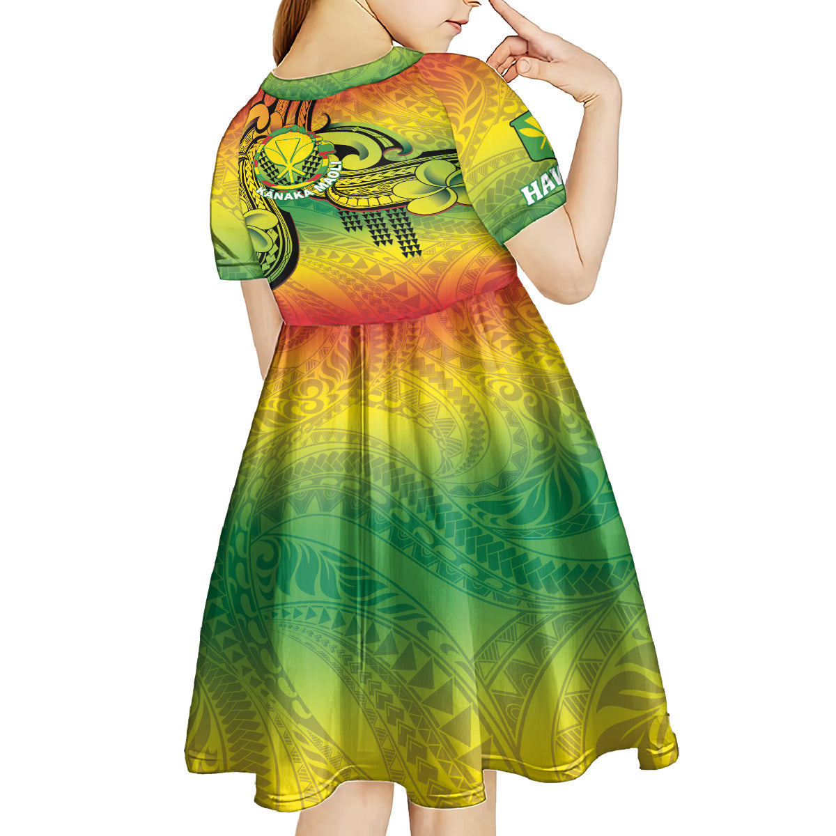 Hawaii Flag Day Kid Short Sleeve Dress Kanaka Maoli With Kakau Polynesian Pattern LT14