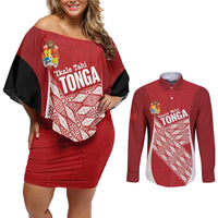 Tonga Rugby Custom Couples Matching Off Shoulder Short Dress and Long Sleeve Button Shirt Go ʻIkale Tahi Go Tongan Tapa Cloth