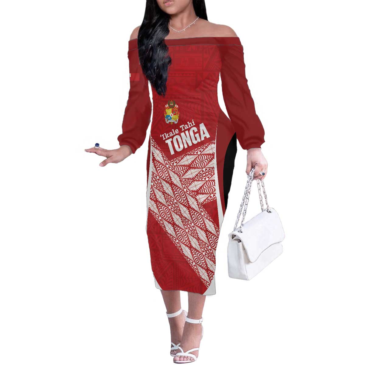 Tonga Rugby Custom Family Matching Off The Shoulder Long Sleeve Dress and Hawaiian Shirt Go ʻIkale Tahi Go Tongan Tapa Cloth