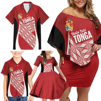 Tonga Rugby Custom Family Matching Off Shoulder Short Dress and Hawaiian Shirt Go ʻIkale Tahi Go Tongan Tapa Cloth