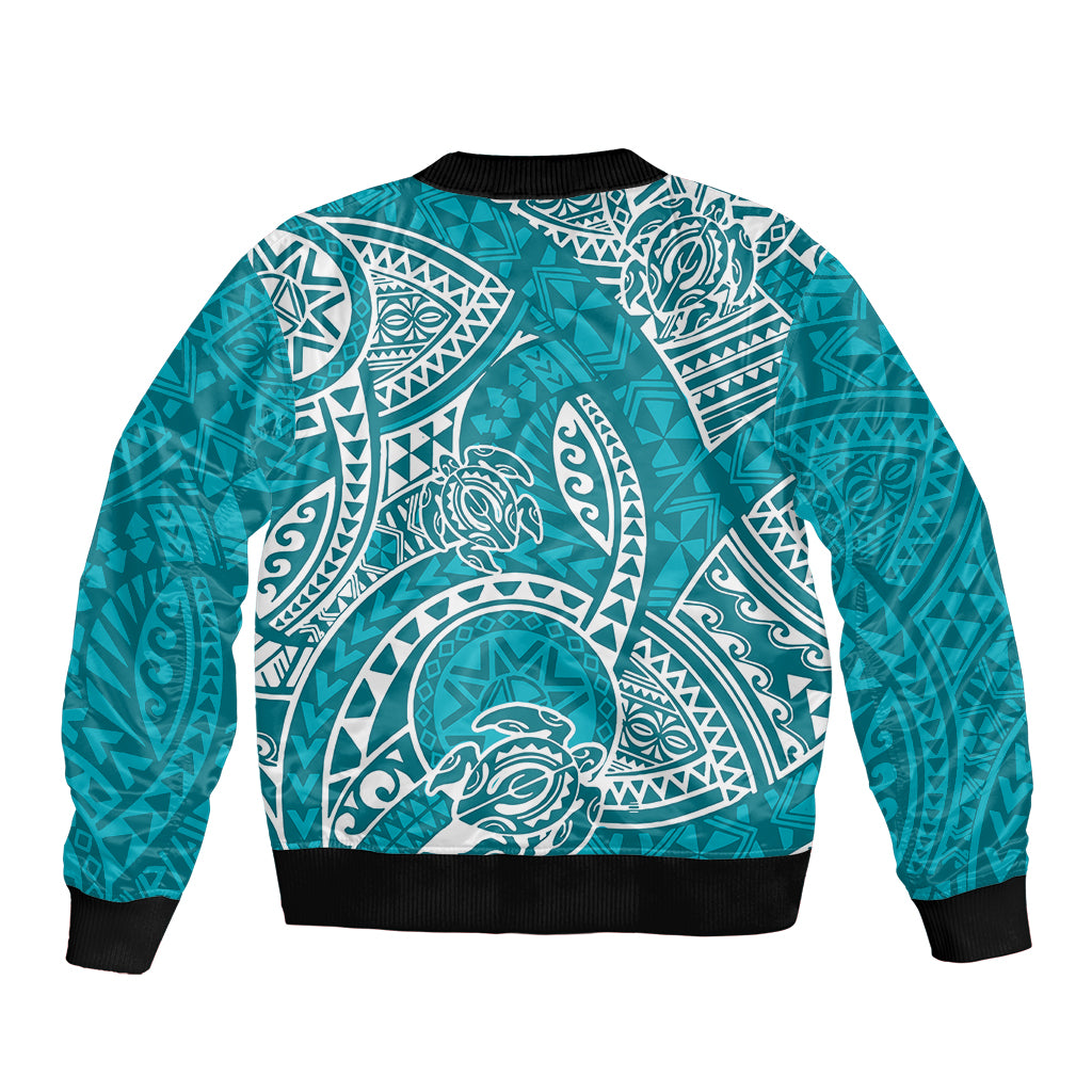 Polynesian Pride Hawaii Sleeve Zip Bomber Jacket Hawaiian Tribal Honu Turquoise Version LT14 - Polynesian Pride