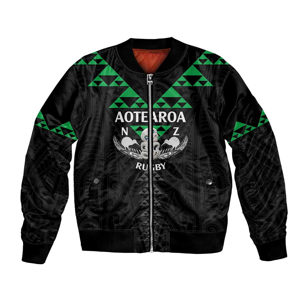 Personalised Aotearoa Rugby Bomber Jacket New Zealand Maori Kete Matauranga Pattern LT14 Unisex Black - Polynesian Pride