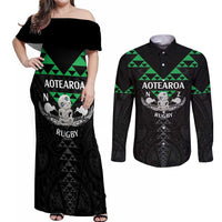 Personalised Aotearoa Rugby Couples Matching Off Shoulder Maxi Dress and Long Sleeve Button Shirt New Zealand Maori Kete Matauranga Pattern
