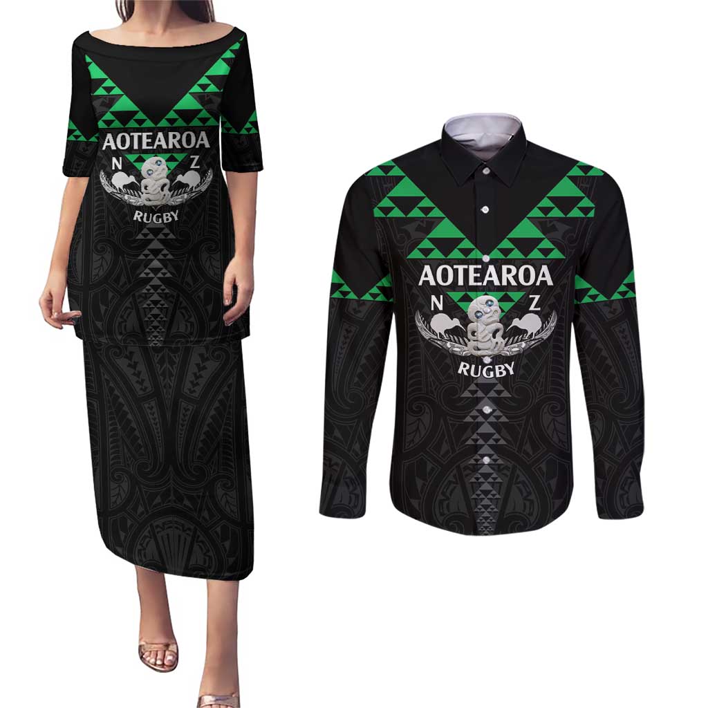 Personalised Aotearoa Rugby Couples Matching Puletasi and Long Sleeve Button Shirt New Zealand Maori Kete Matauranga Pattern
