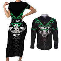 Personalised Aotearoa Rugby Couples Matching Short Sleeve Bodycon Dress and Long Sleeve Button Shirt New Zealand Maori Kete Matauranga Pattern