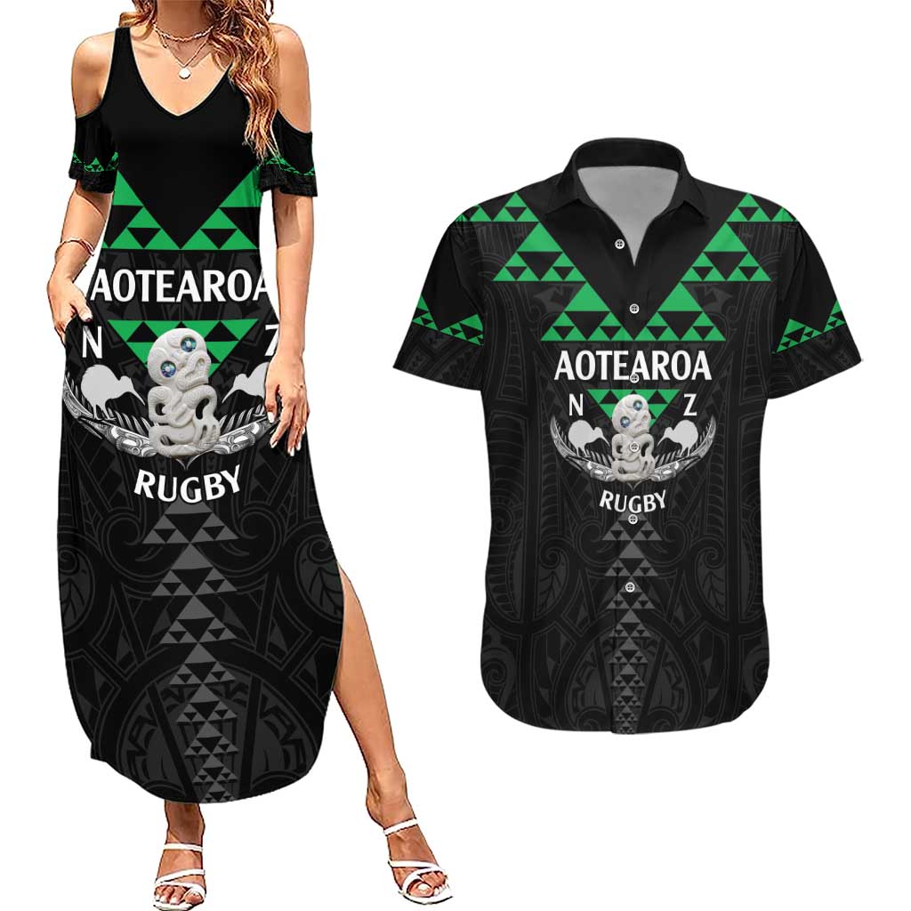Personalised Aotearoa Rugby Couples Matching Summer Maxi Dress and Hawaiian Shirt New Zealand Maori Kete Matauranga Pattern