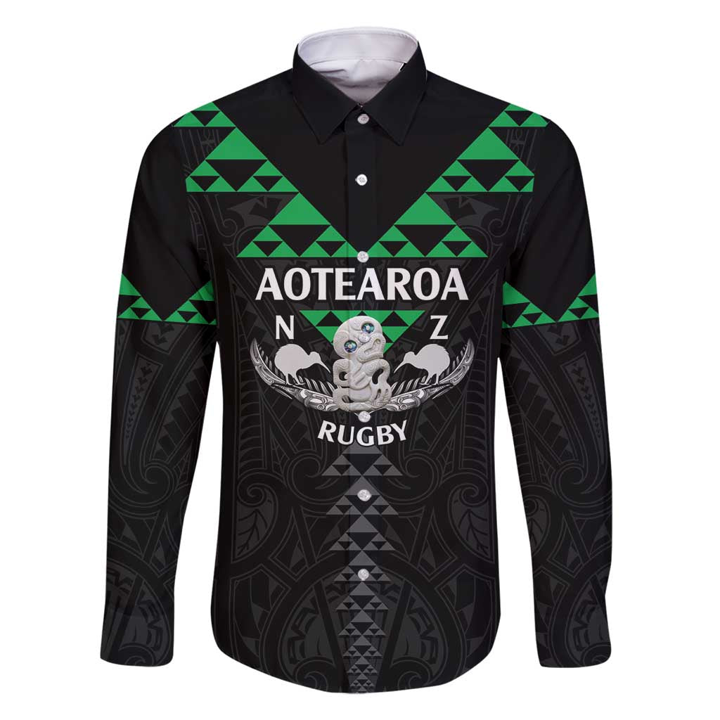 Personalised Aotearoa Rugby Family Matching Mermaid Dress and Hawaiian Shirt New Zealand Maori Kete Matauranga Pattern LT14 Dad's Shirt - Long Sleeve Black - Polynesian Pride