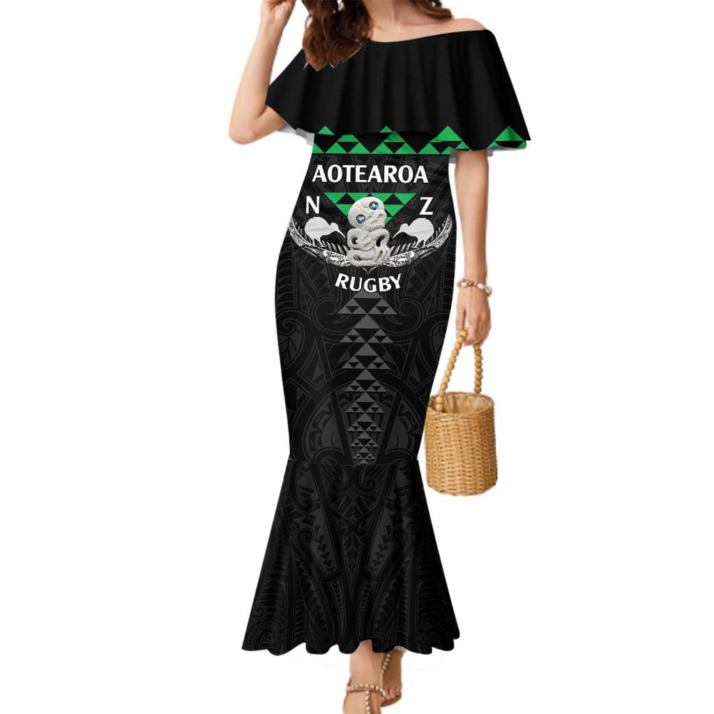 Personalised Aotearoa Rugby Family Matching Mermaid Dress and Hawaiian Shirt New Zealand Maori Kete Matauranga Pattern LT14 Mom's Dress Black - Polynesian Pride