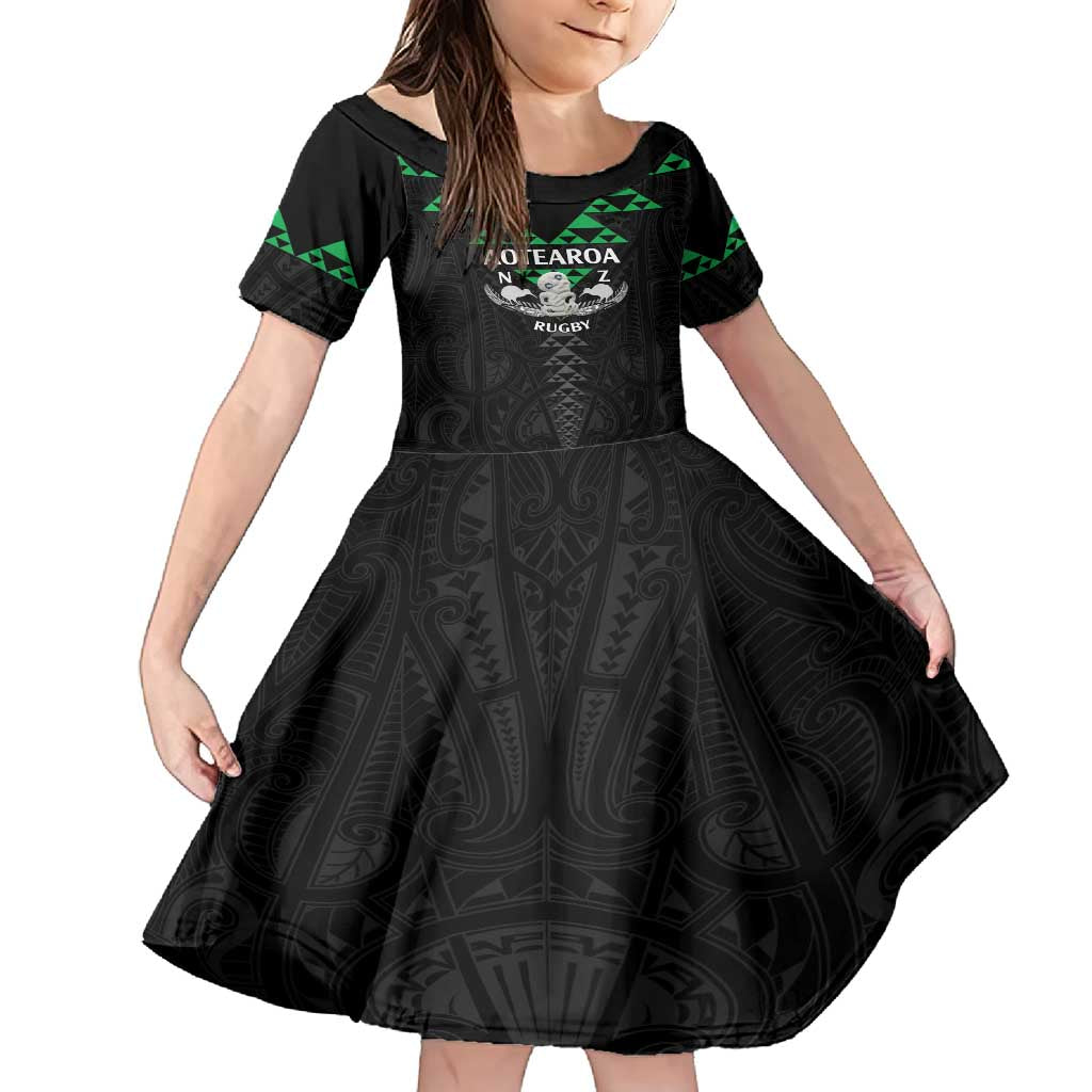 Personalised Aotearoa Rugby Family Matching Off Shoulder Short Dress and Hawaiian Shirt New Zealand Maori Kete Matauranga Pattern LT14 Daughter's Dress Black - Polynesian Pride
