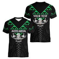 Personalised Aotearoa Rugby Women V-Neck T-Shirt New Zealand Maori Kete Matauranga Pattern