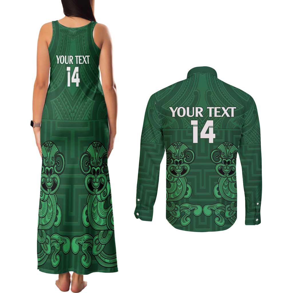 Custom Aotearoa Rugby Couples Matching Tank Maxi Dress and Long Sleeve Button Shirt New Zealand Maori Kete Poutama Pattern