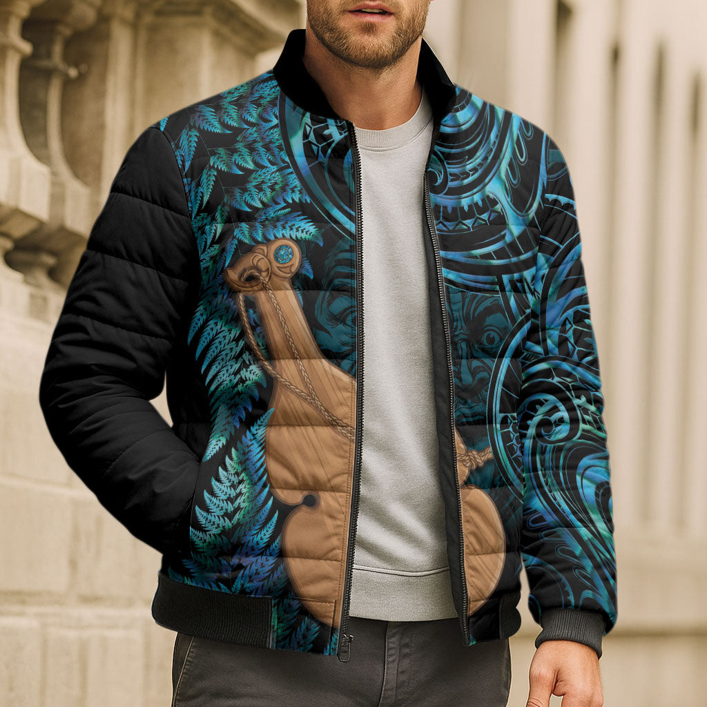 Kotiate New Zealand Bomber Puffer Jacket Maori Weapon Paua Shell Haka Fern