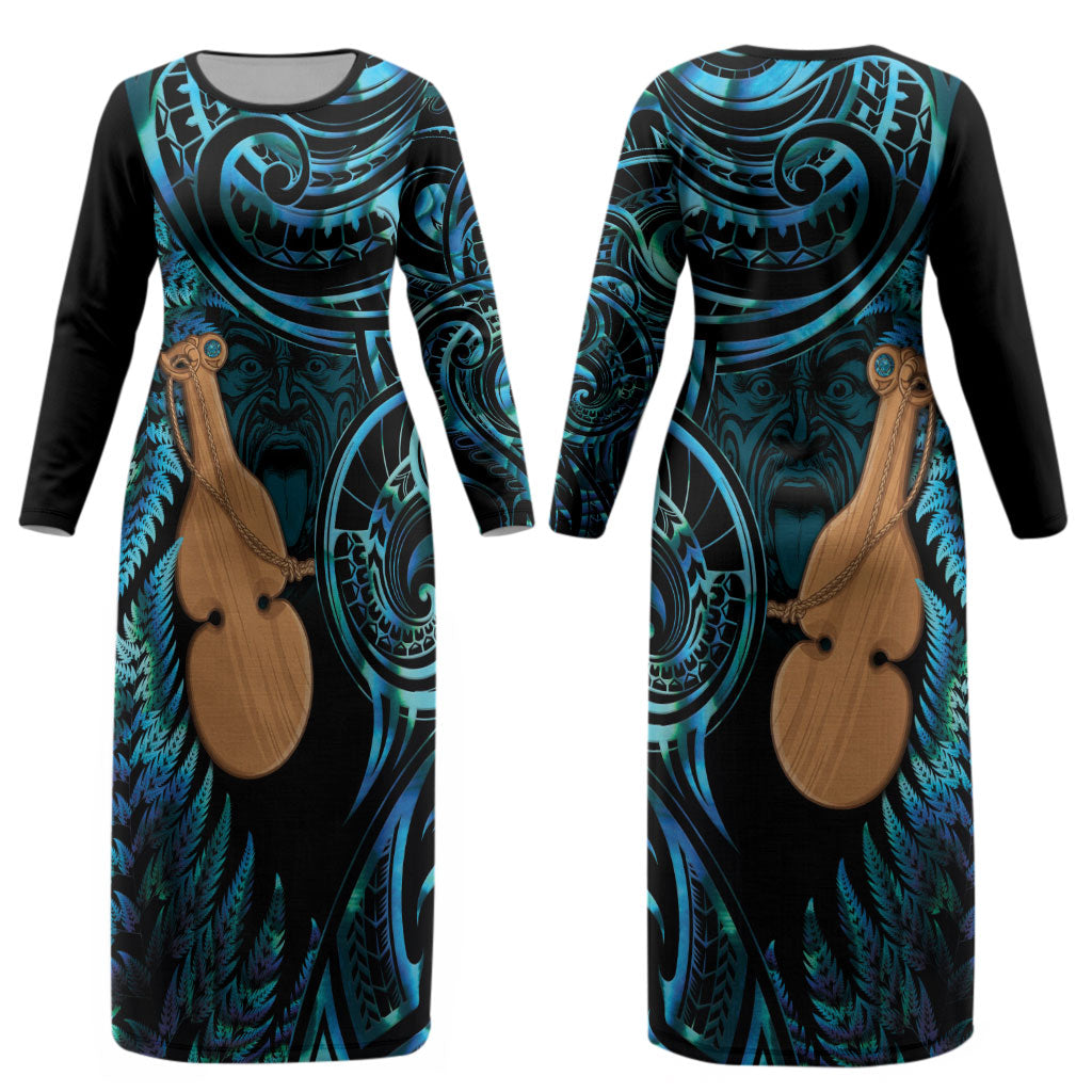 Kotiate New Zealand Couples Matching Long Sleeve Bodycon Dress and Hawaiian Shirt Maori Weapon Paua Shell Haka Fern LT14 - Polynesian Pride