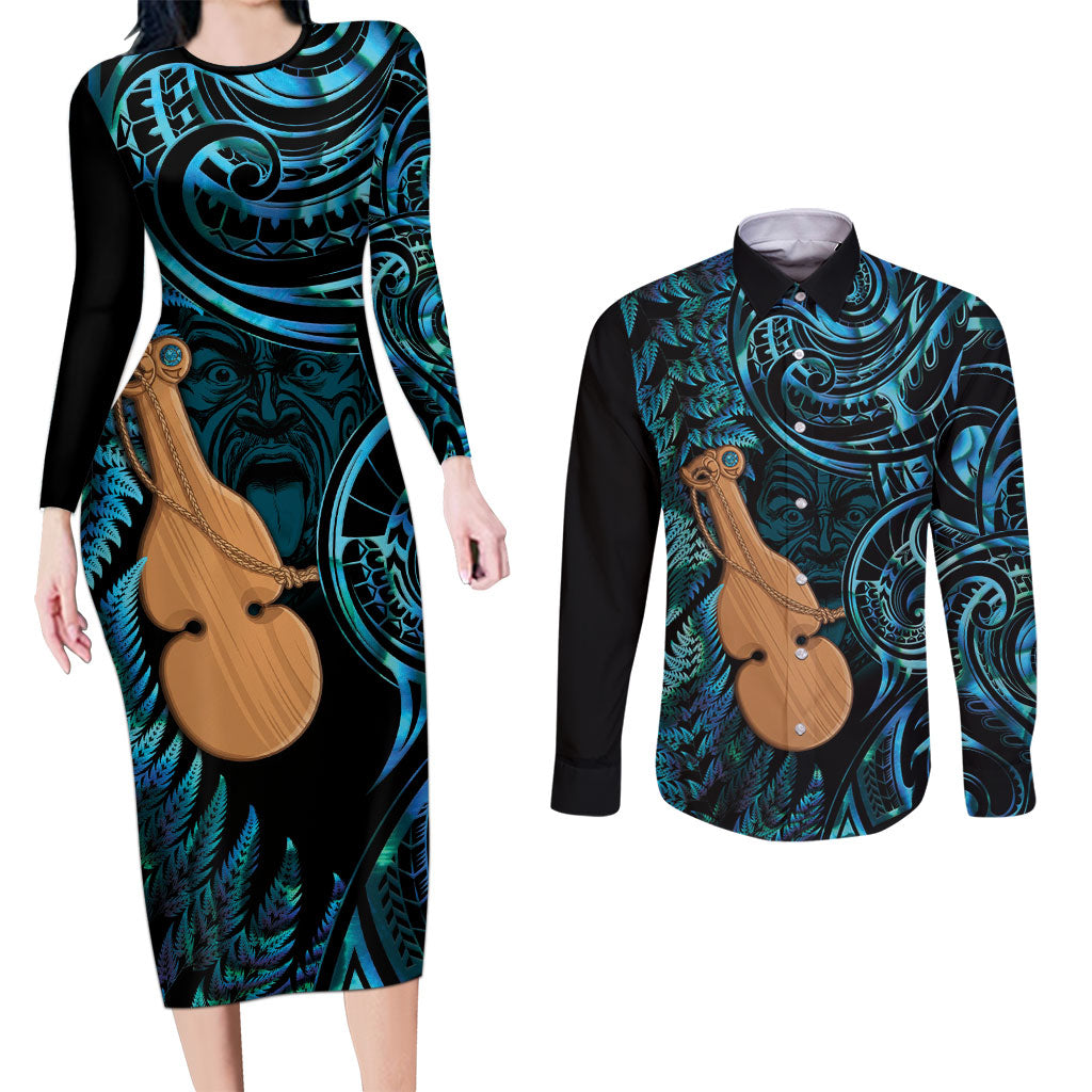 Kotiate New Zealand Couples Matching Long Sleeve Bodycon Dress and Long Sleeve Button Shirt Maori Weapon Paua Shell Haka Fern
