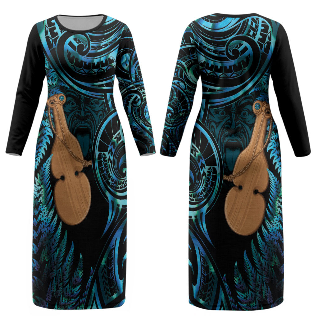 Kotiate New Zealand Couples Matching Long Sleeve Bodycon Dress and Long Sleeve Button Shirt Maori Weapon Paua Shell Haka Fern LT14 - Polynesian Pride