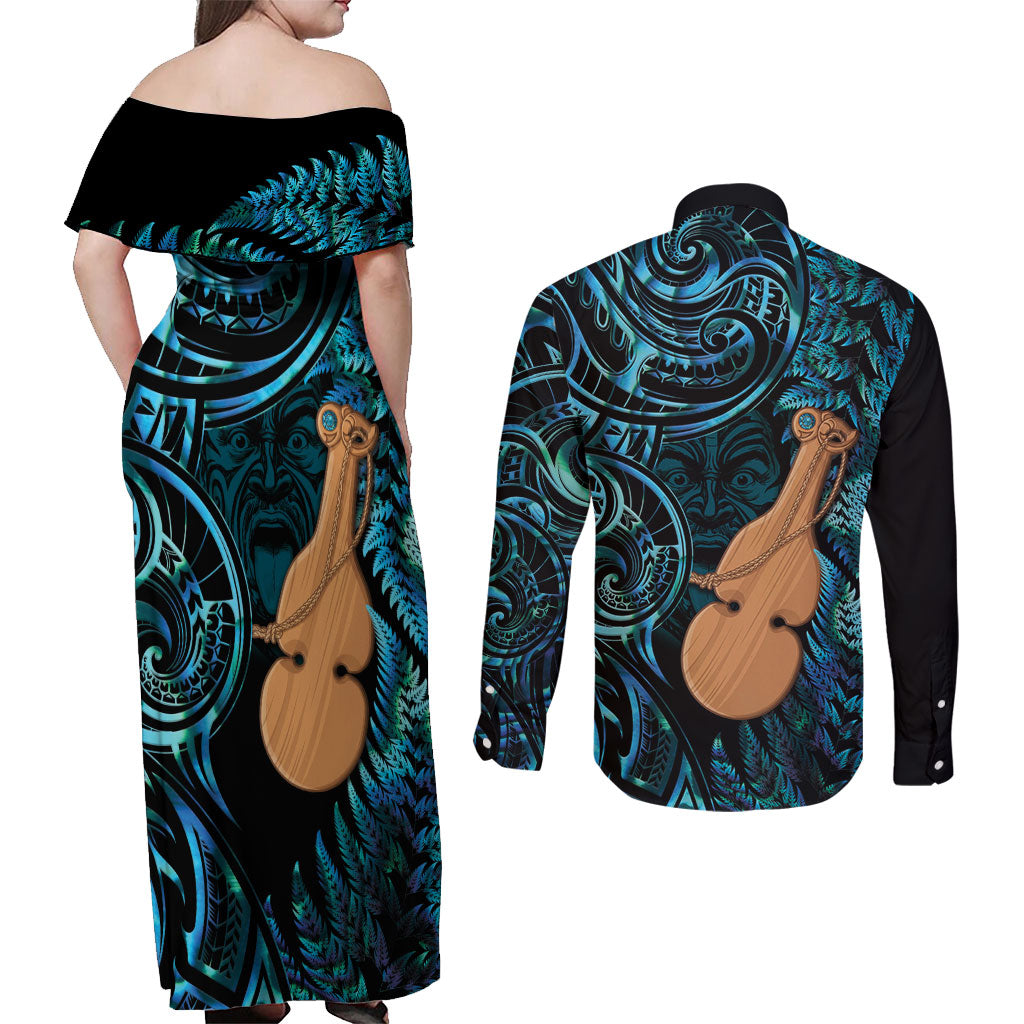 Kotiate New Zealand Couples Matching Off Shoulder Maxi Dress and Long Sleeve Button Shirt Maori Weapon Paua Shell Haka Fern