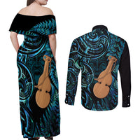 Kotiate New Zealand Couples Matching Off Shoulder Maxi Dress and Long Sleeve Button Shirt Maori Weapon Paua Shell Haka Fern