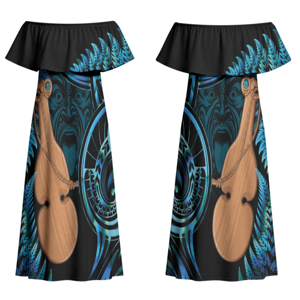 Kotiate New Zealand Couples Matching Off Shoulder Maxi Dress and Long Sleeve Button Shirt Maori Weapon Paua Shell Haka Fern LT14 - Polynesian Pride
