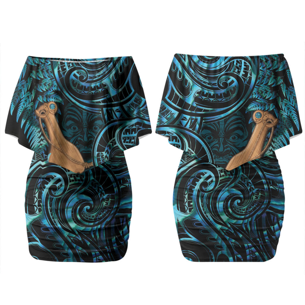 Kotiate New Zealand Couples Matching Off Shoulder Short Dress and Long Sleeve Button Shirt Maori Weapon Paua Shell Haka Fern LT14 - Polynesian Pride