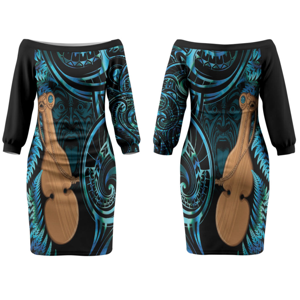 Kotiate New Zealand Couples Matching Off The Shoulder Long Sleeve Dress and Hawaiian Shirt Maori Weapon Paua Shell Haka Fern LT14 - Polynesian Pride