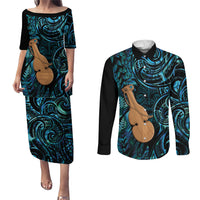 Kotiate New Zealand Couples Matching Puletasi and Long Sleeve Button Shirt Maori Weapon Paua Shell Haka Fern