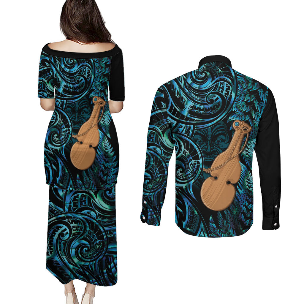 Kotiate New Zealand Couples Matching Puletasi and Long Sleeve Button Shirt Maori Weapon Paua Shell Haka Fern