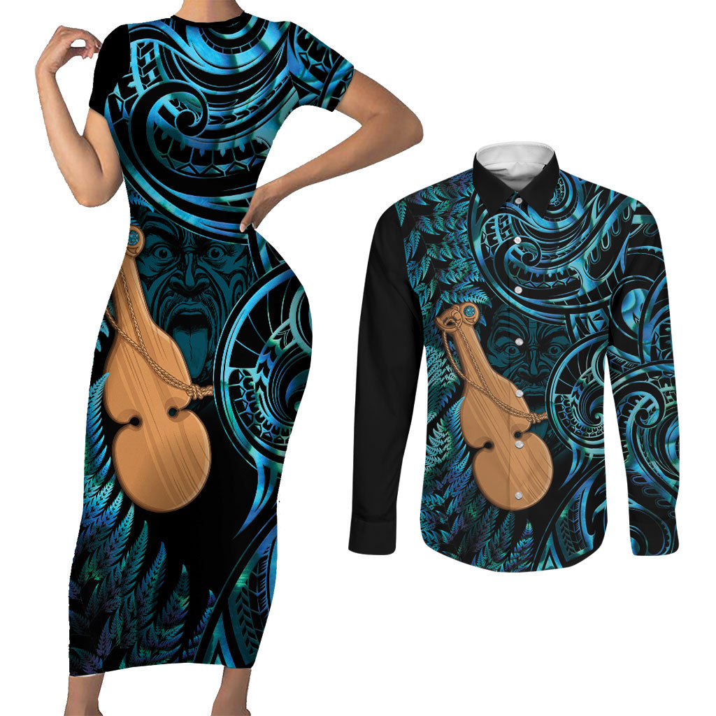 Kotiate New Zealand Couples Matching Short Sleeve Bodycon Dress and Long Sleeve Button Shirt Maori Weapon Paua Shell Haka Fern LT14 Turquoise - Polynesian Pride