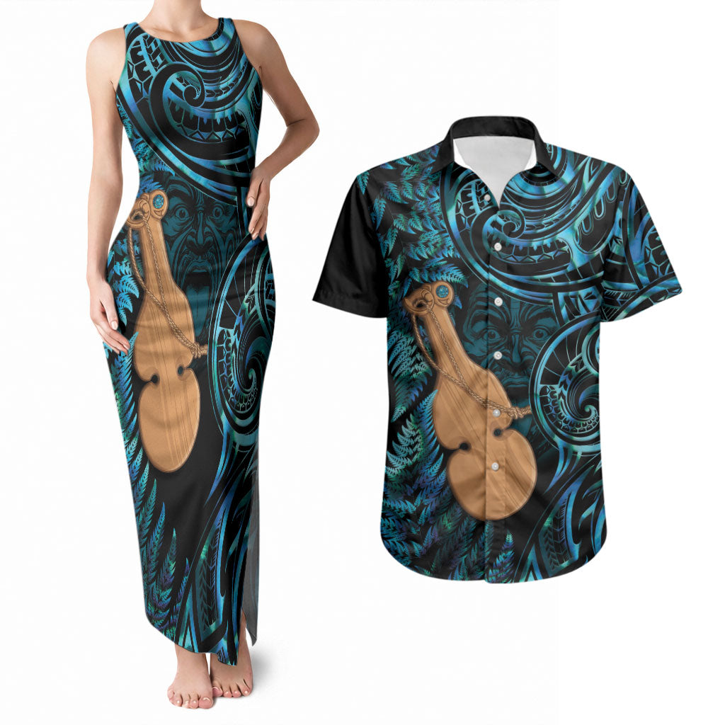 Kotiate New Zealand Couples Matching Tank Maxi Dress and Hawaiian Shirt Maori Weapon Paua Shell Haka Fern LT14 Turquoise - Polynesian Pride