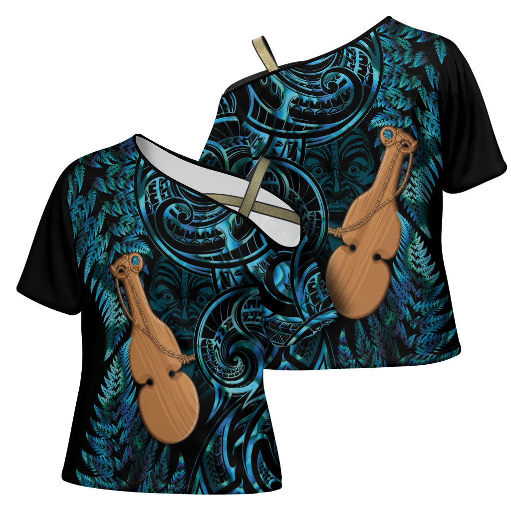 Kotiate New Zealand Cross Shoulder Shirt Maori Weapon Paua Shell Haka Fern