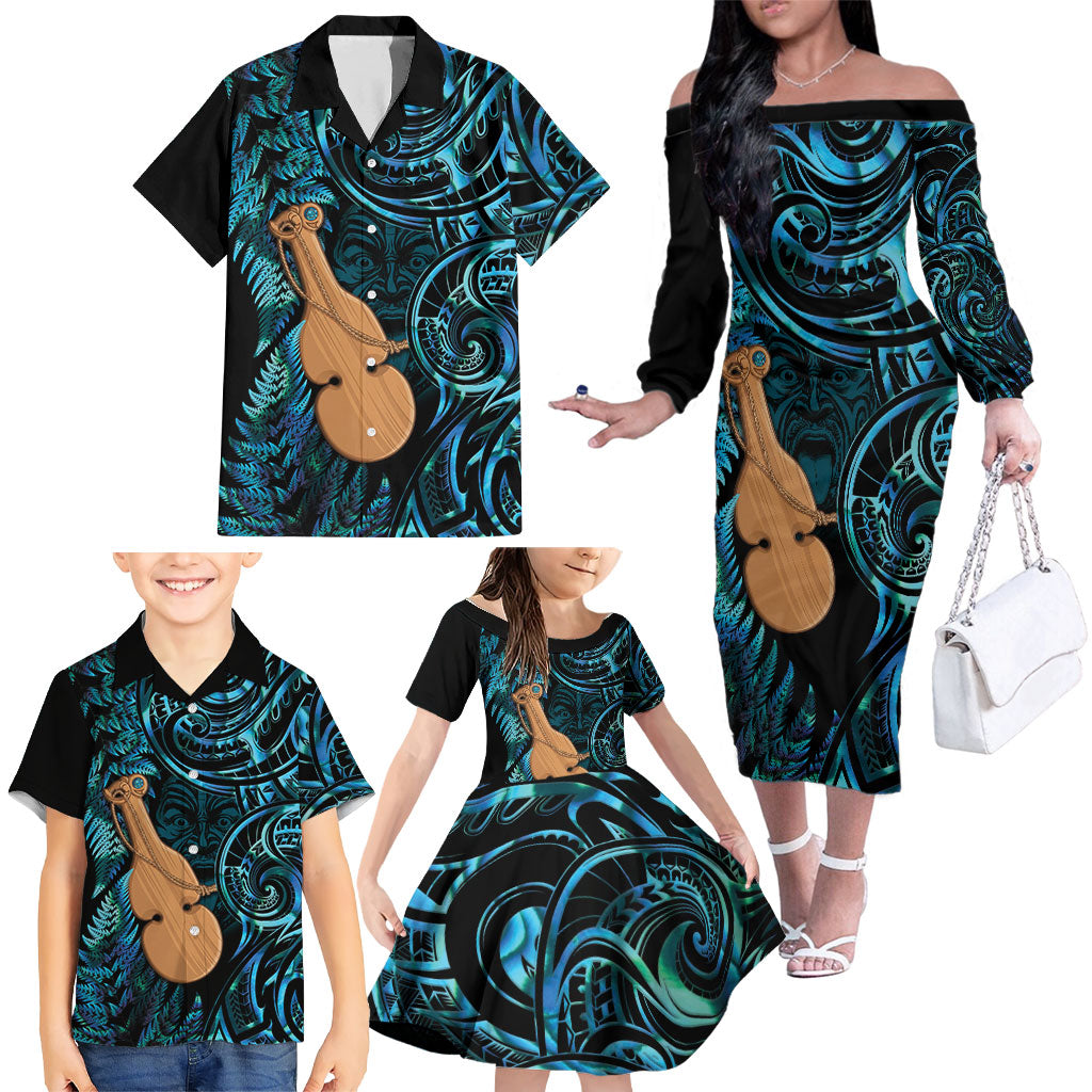 Kotiate New Zealand Family Matching Off The Shoulder Long Sleeve Dress and Hawaiian Shirt Maori Weapon Paua Shell Haka Fern