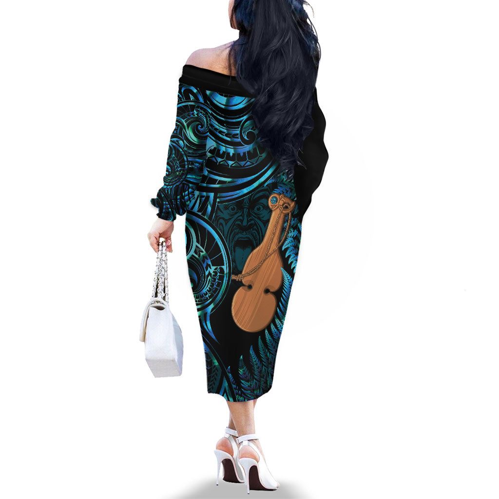Kotiate New Zealand Family Matching Off The Shoulder Long Sleeve Dress and Hawaiian Shirt Maori Weapon Paua Shell Haka Fern