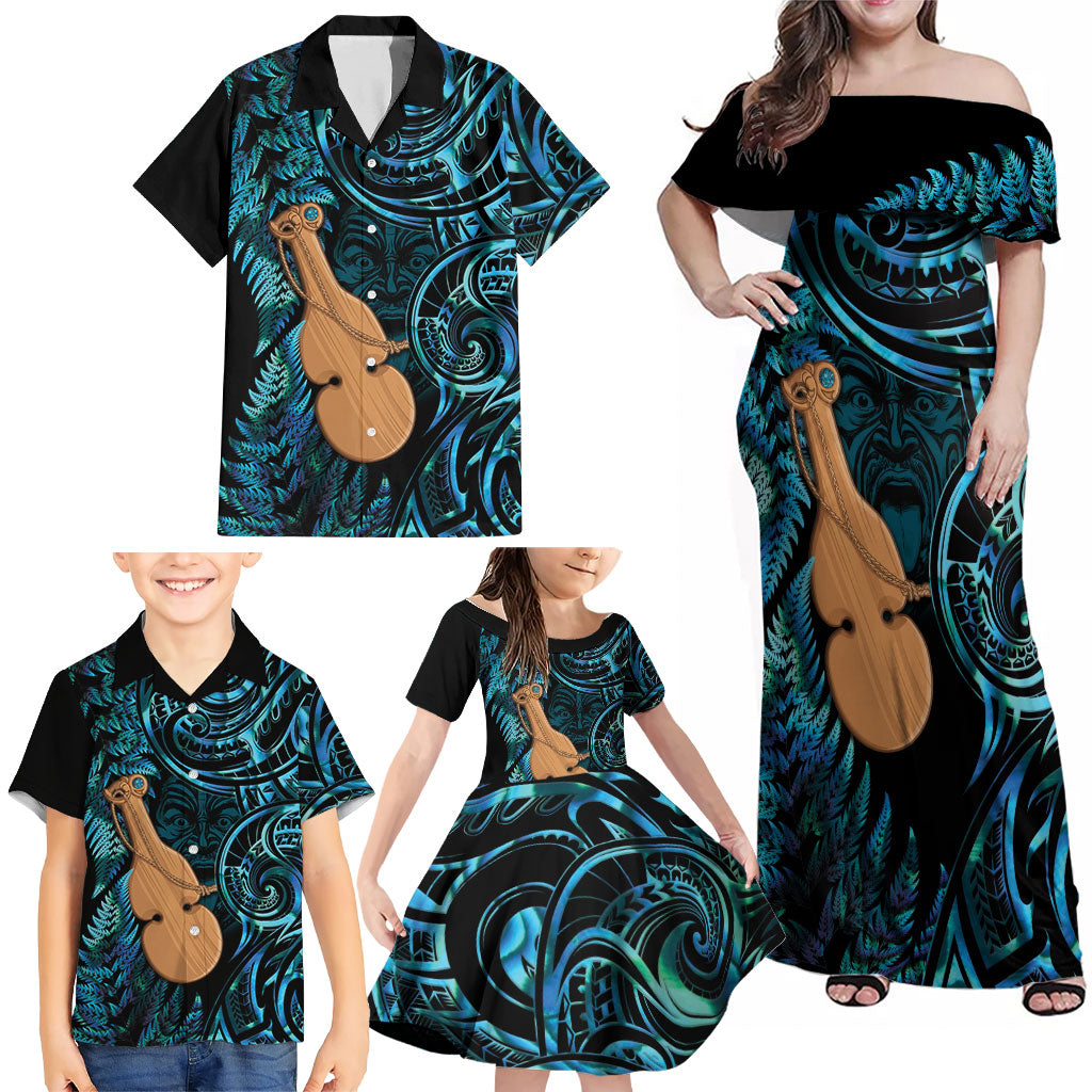 Kotiate New Zealand Family Matching Off Shoulder Maxi Dress and Hawaiian Shirt Maori Weapon Paua Shell Haka Fern