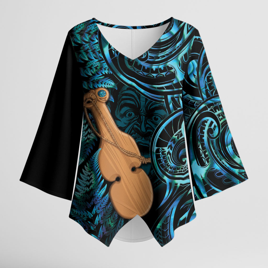 Kotiate New Zealand Kimono Sleeve Blouse Maori Weapon Paua Shell Haka Fern