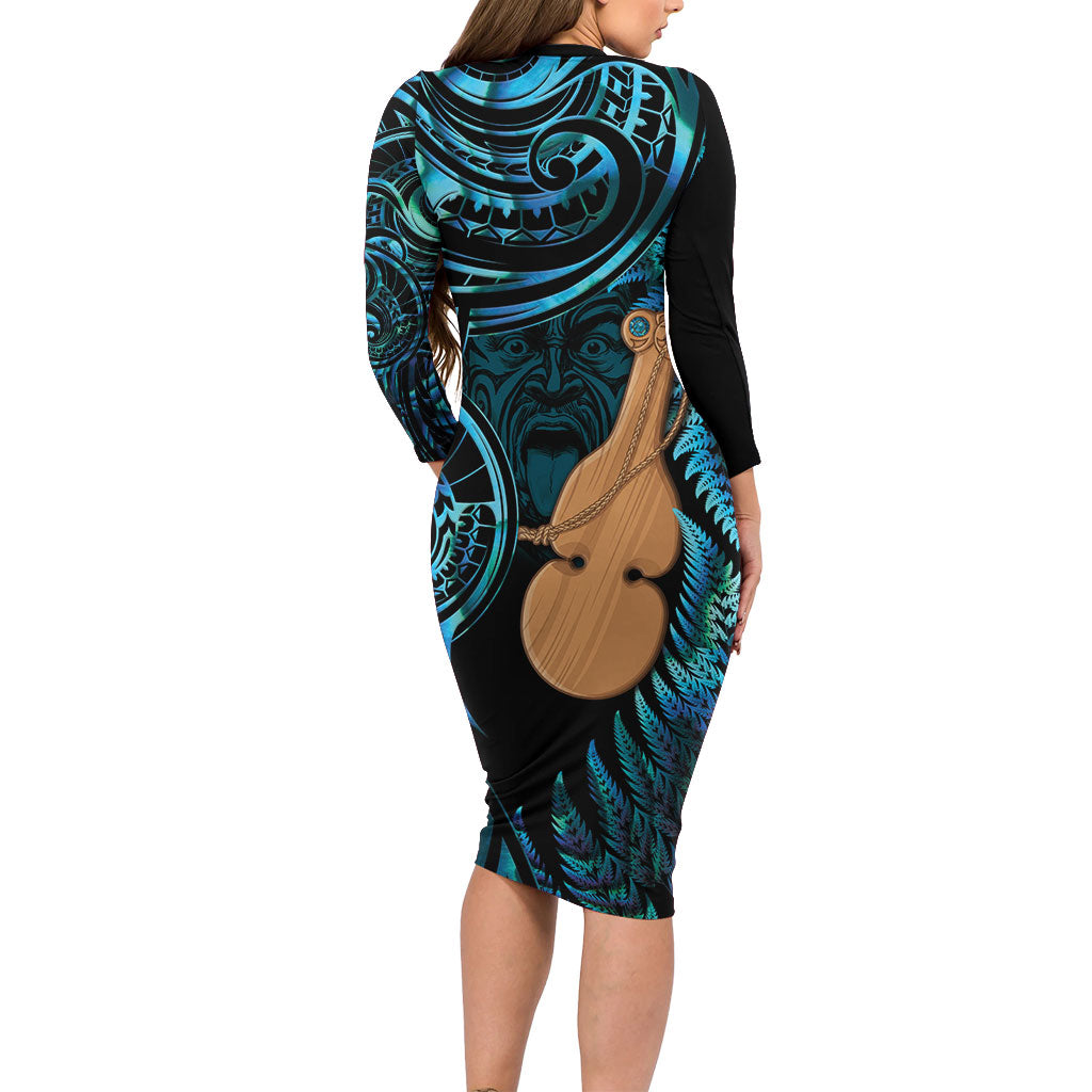 Kotiate New Zealand Long Sleeve Bodycon Dress Maori Weapon Paua Shell Haka Fern