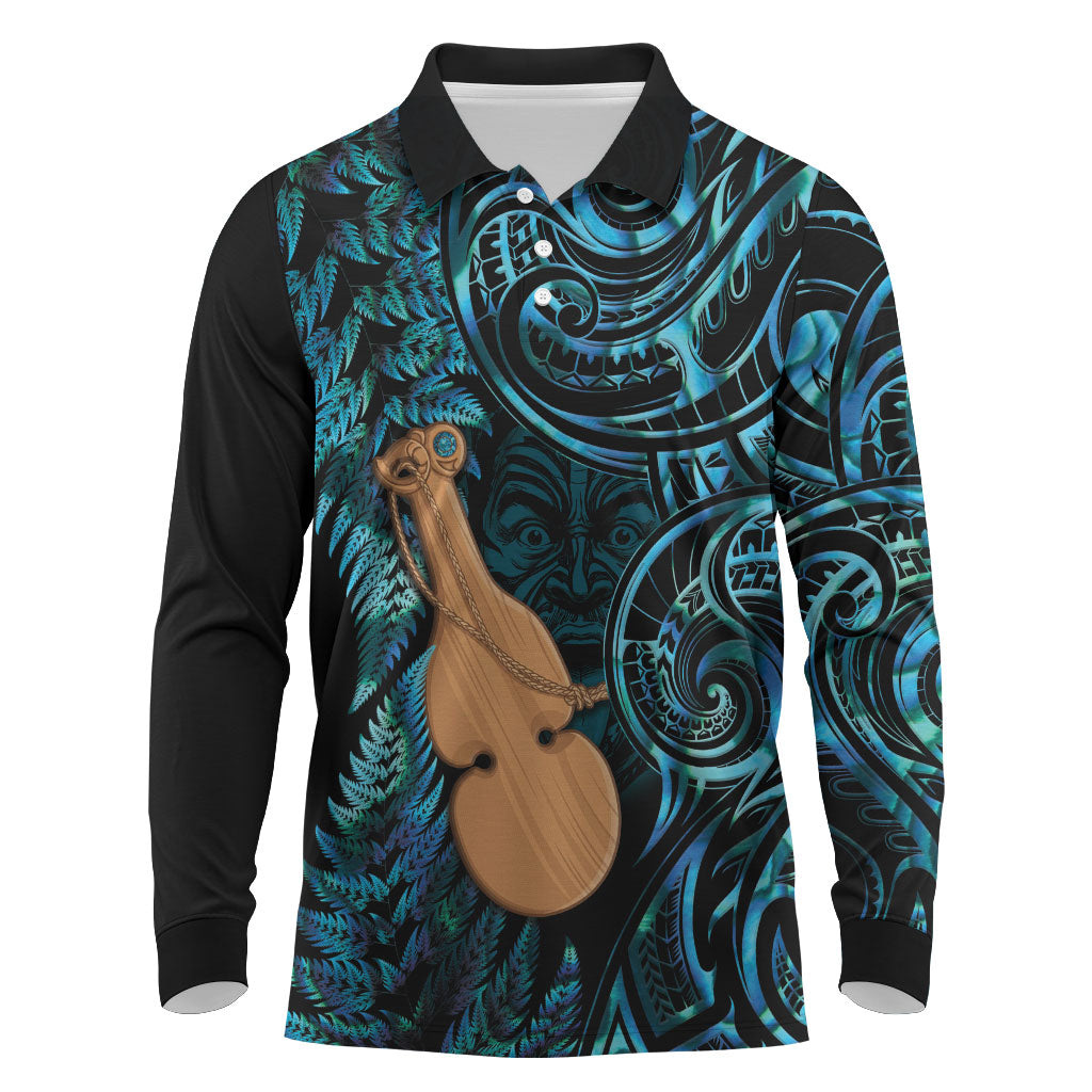 Kotiate New Zealand Long Sleeve Polo Shirt Maori Weapon Paua Shell Haka Fern