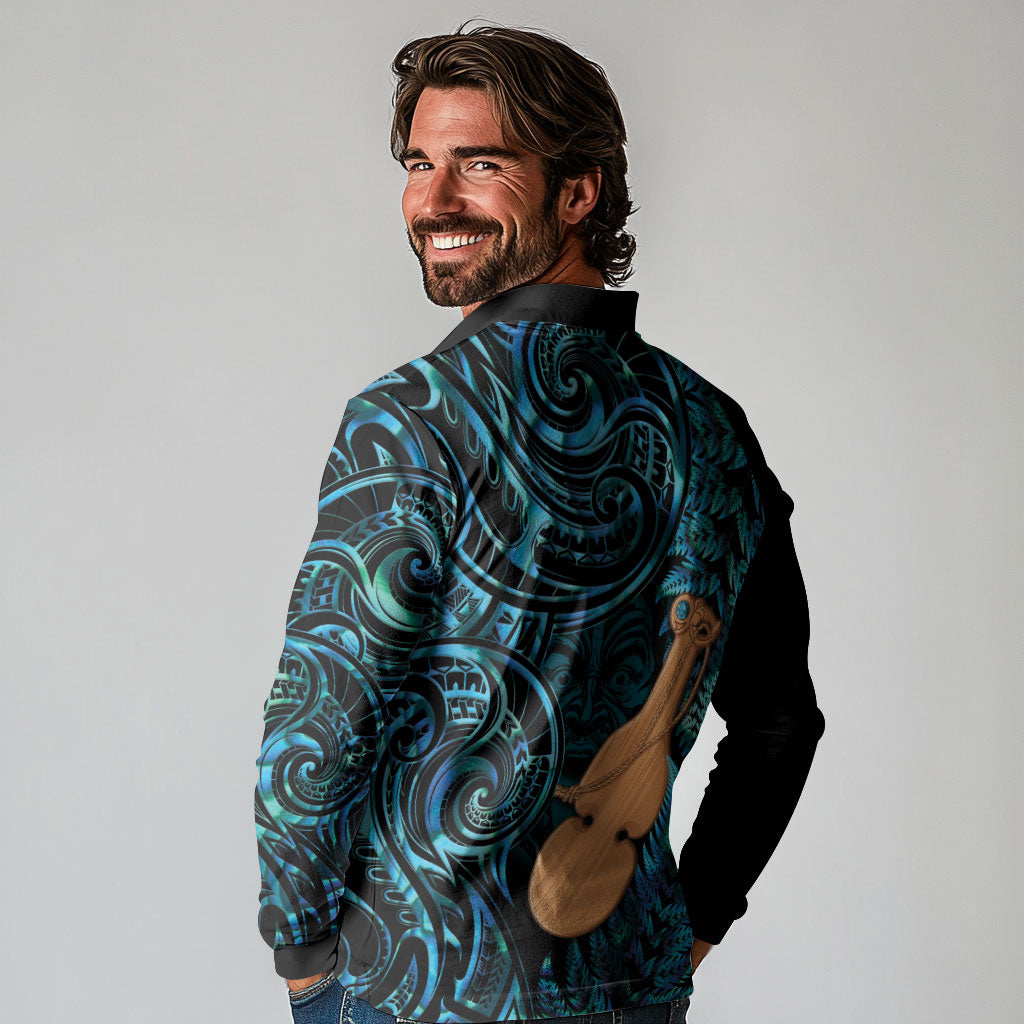 Kotiate New Zealand Long Sleeve Polo Shirt Maori Weapon Paua Shell Haka Fern