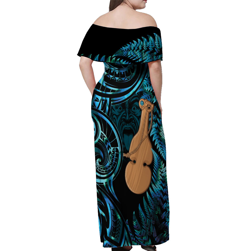 Kotiate New Zealand Off Shoulder Maxi Dress Maori Weapon Paua Shell Haka Fern