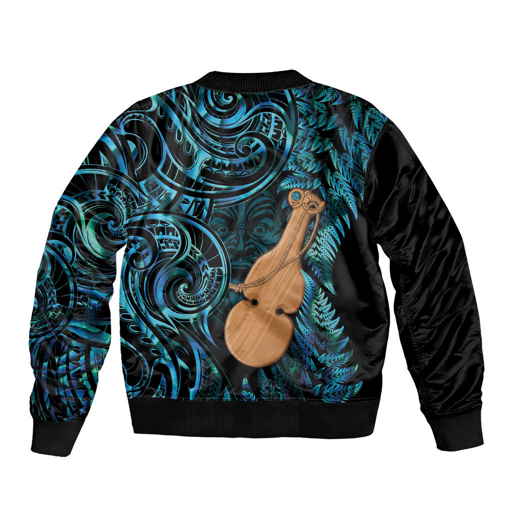 Kotiate New Zealand Sleeve Zip Bomber Jacket Maori Weapon Paua Shell Haka Fern