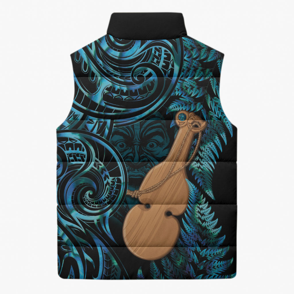 Kotiate New Zealand Sleeveless Puffer Jacket Maori Weapon Paua Shell Haka Fern