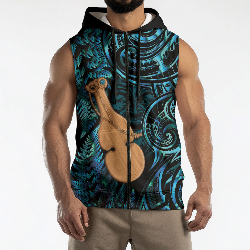 Kotiate New Zealand Sleeveless Zip Hoodie Maori Weapon Paua Shell Haka Fern