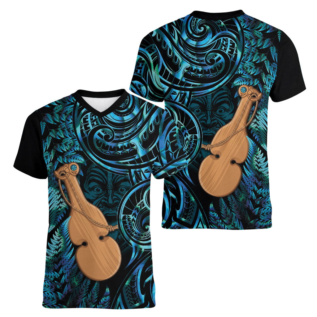 Kotiate New Zealand Women V-Neck T-Shirt Maori Weapon Paua Shell Haka Fern