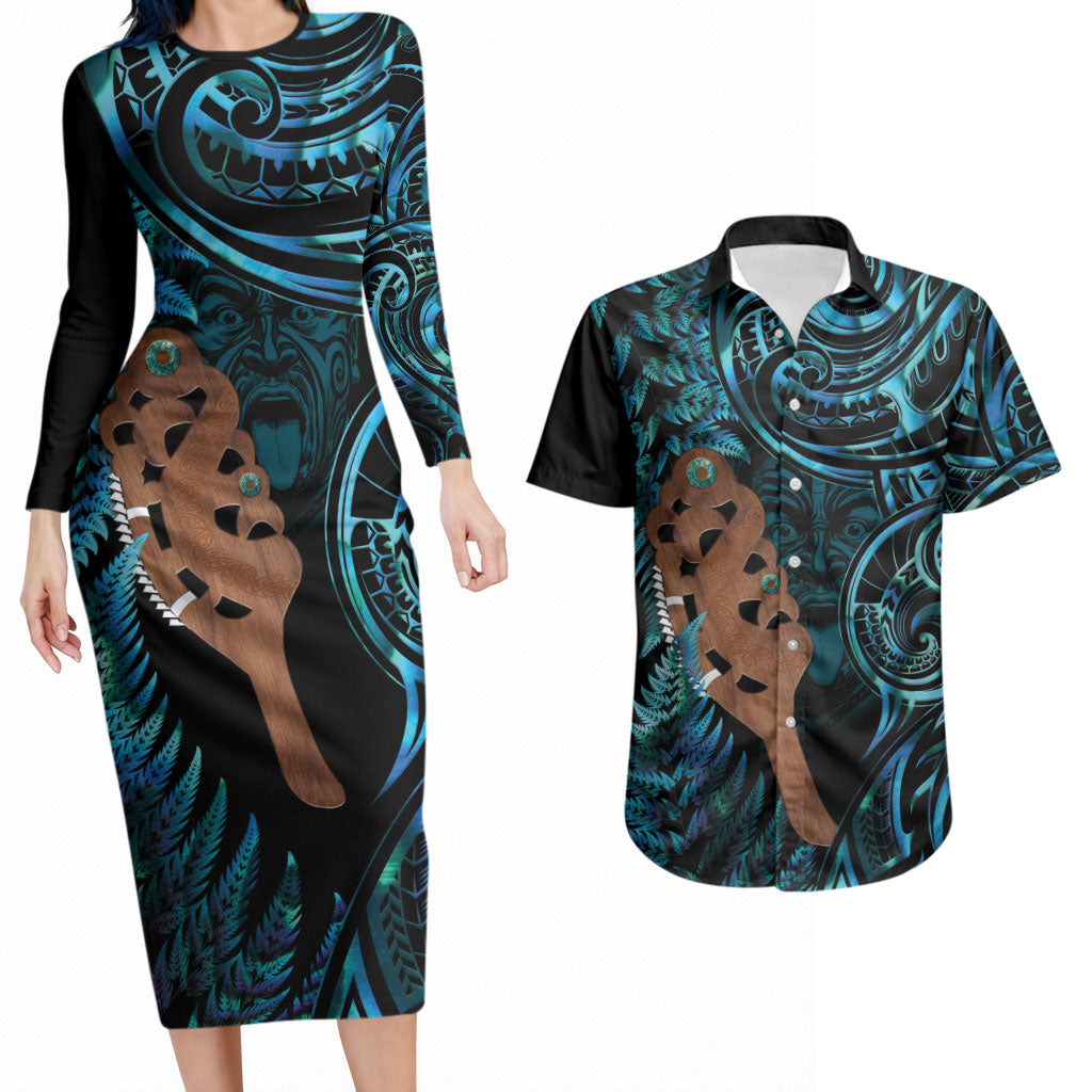 Maripi New Zealand Couples Matching Long Sleeve Bodycon Dress and Hawaiian Shirt Maori Weapon Paua Shell Haka Fern LT14 Turquoise - Polynesian Pride