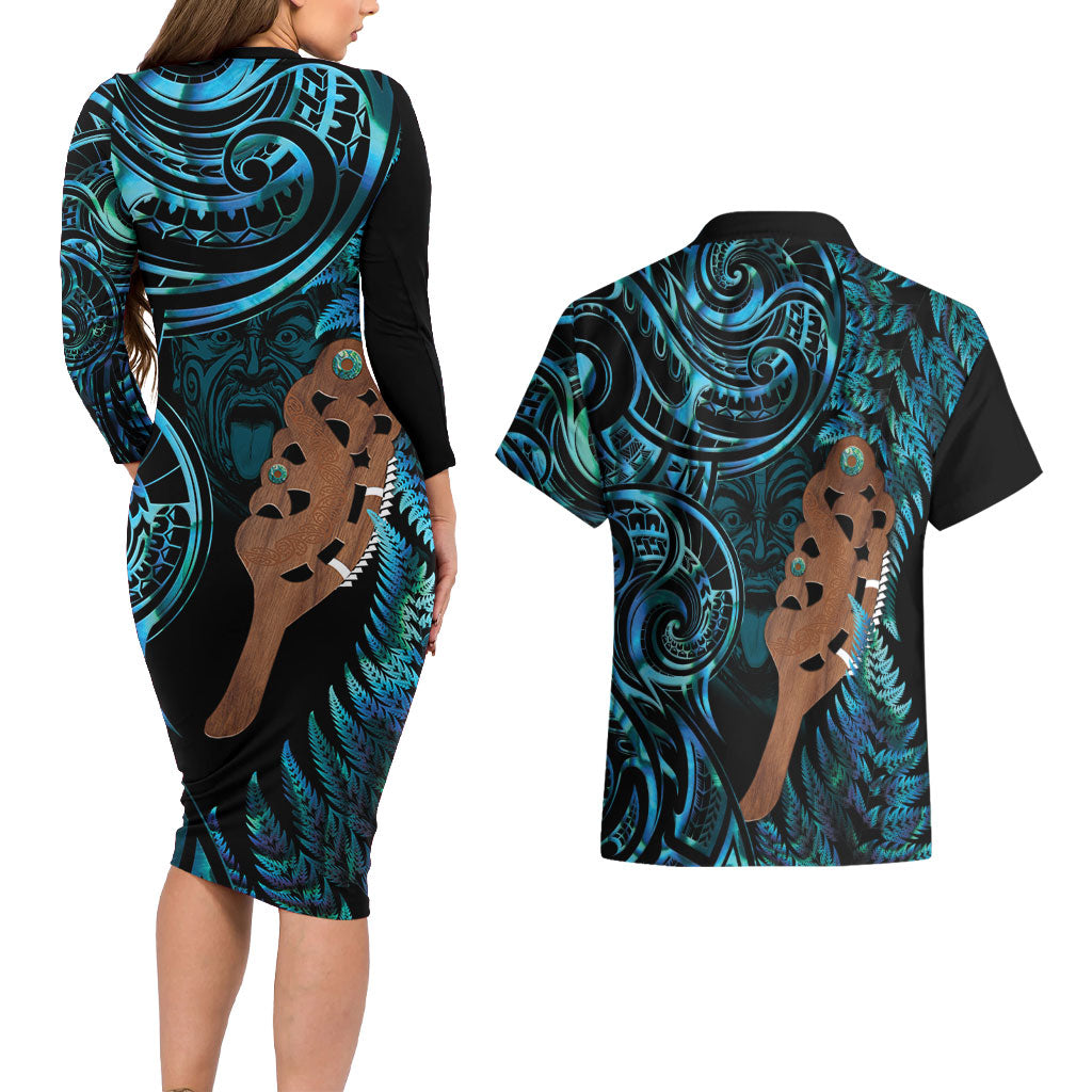Maripi New Zealand Couples Matching Long Sleeve Bodycon Dress and Hawaiian Shirt Maori Weapon Paua Shell Haka Fern