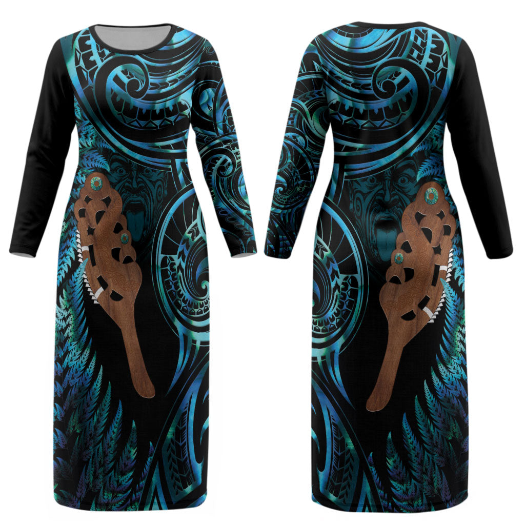 Maripi New Zealand Couples Matching Long Sleeve Bodycon Dress and Hawaiian Shirt Maori Weapon Paua Shell Haka Fern LT14 - Polynesian Pride