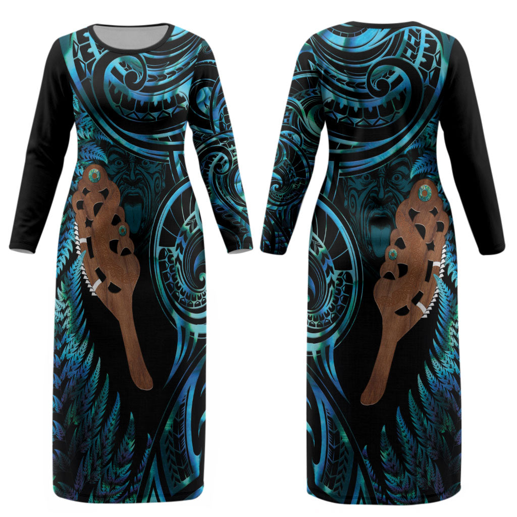 Maripi New Zealand Couples Matching Long Sleeve Bodycon Dress and Long Sleeve Button Shirt Maori Weapon Paua Shell Haka Fern LT14 - Polynesian Pride