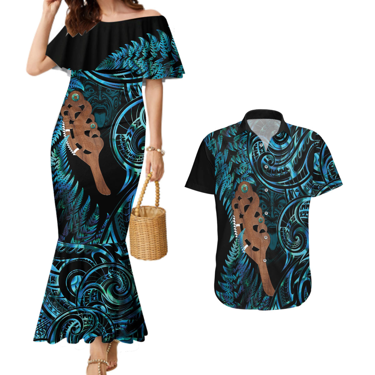 Maripi New Zealand Couples Matching Mermaid Dress and Hawaiian Shirt Maori Weapon Paua Shell Haka Fern
