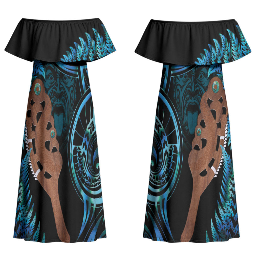 Maripi New Zealand Couples Matching Off Shoulder Maxi Dress and Long Sleeve Button Shirt Maori Weapon Paua Shell Haka Fern LT14 - Polynesian Pride